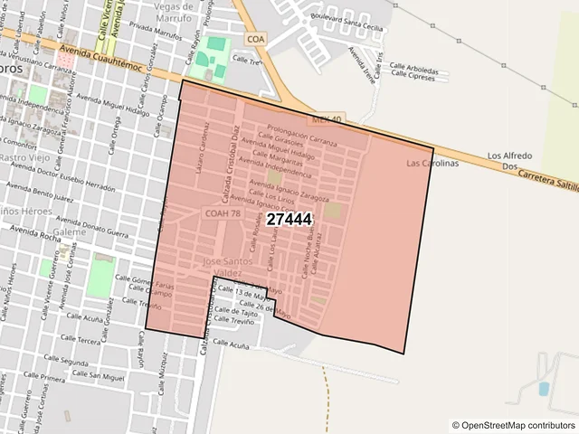 Mapa del código postal 27444, Matamoros, Coahuila de Zaragoza