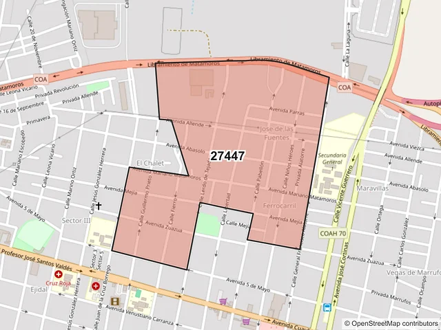 Mapa del código postal 27447, Matamoros, Coahuila de Zaragoza