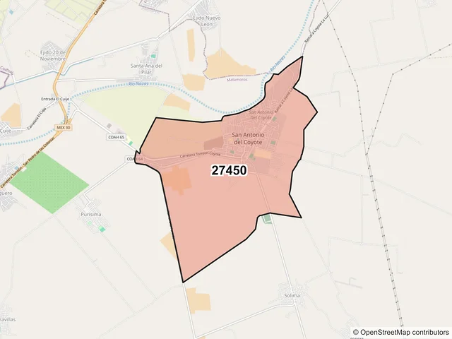 Mapa del código postal 27450, Matamoros, Coahuila de Zaragoza