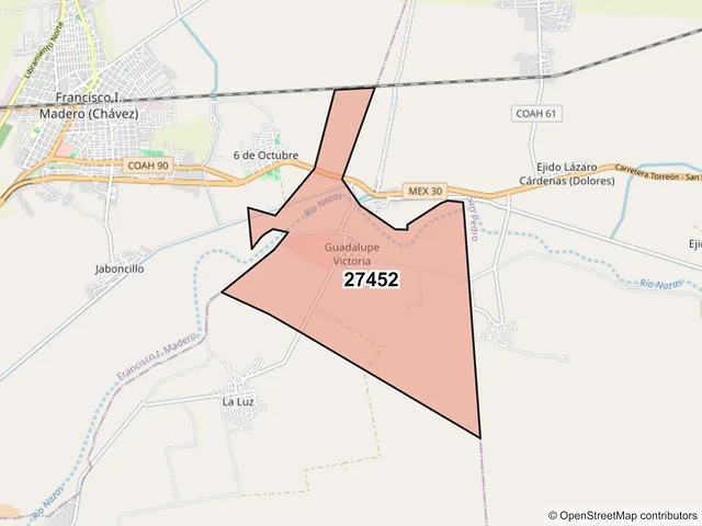 Mapa del código postal 27452, Matamoros, Coahuila de Zaragoza