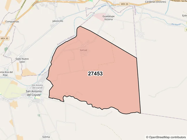 Mapa del código postal 27453, Matamoros, Coahuila de Zaragoza