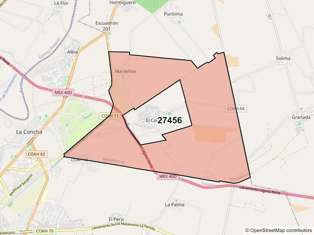 Mapa del código postal 27456, Matamoros, Coahuila de Zaragoza