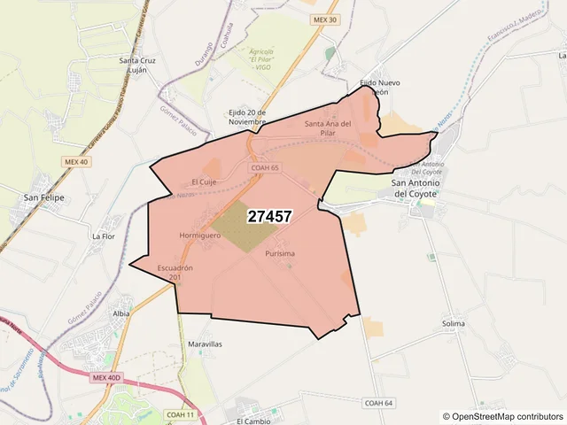 Mapa del código postal 27457, Matamoros, Coahuila de Zaragoza