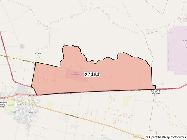 Mapa del código postal 27464, Matamoros, Coahuila de Zaragoza