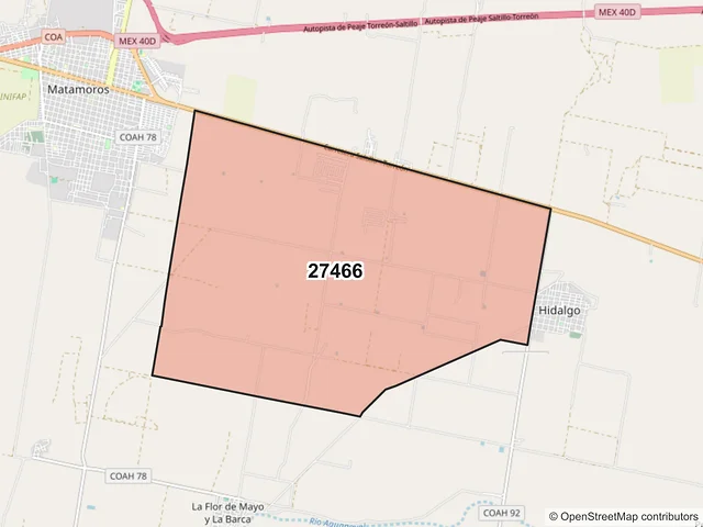 Mapa del código postal 27466, Matamoros, Coahuila de Zaragoza