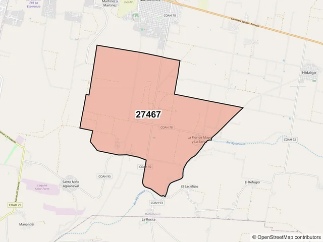Mapa del código postal 27467, Matamoros, Coahuila de Zaragoza