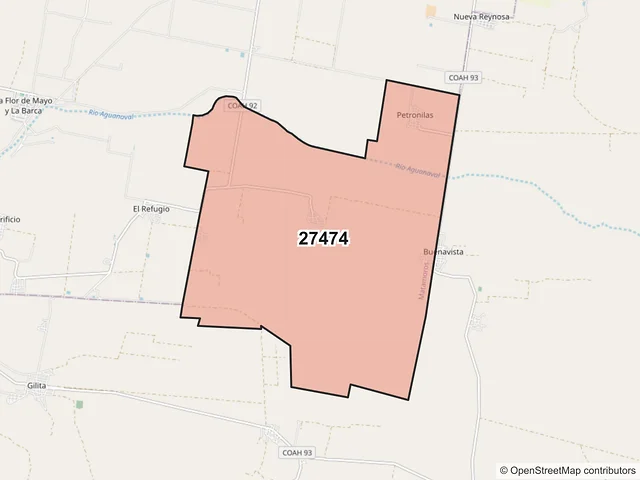 Mapa del código postal 27474, Matamoros, Coahuila de Zaragoza