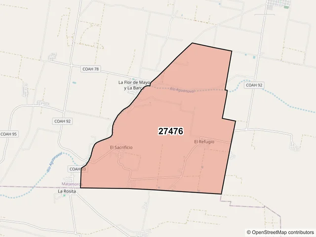 Mapa del código postal 27476, Matamoros, Coahuila de Zaragoza