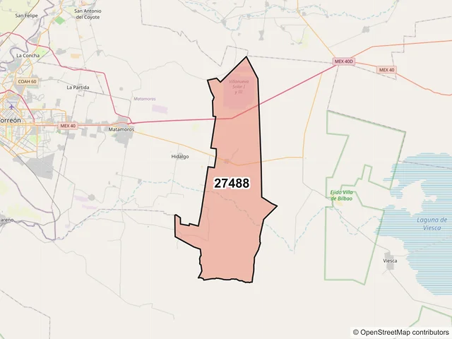 Mapa del código postal 27488, Viesca, Coahuila de Zaragoza