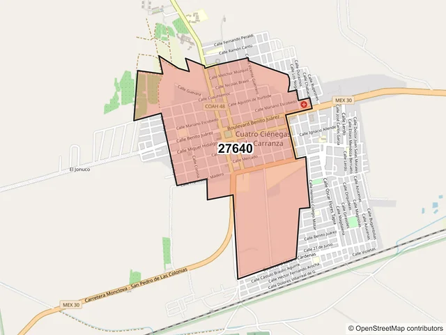 Mapa del código postal 27640, Cuatro Ciénegas, Coahuila de Zaragoza