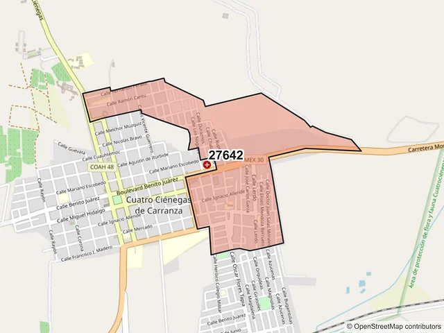 Mapa del código postal 27642, Cuatro Ciénegas, Coahuila de Zaragoza