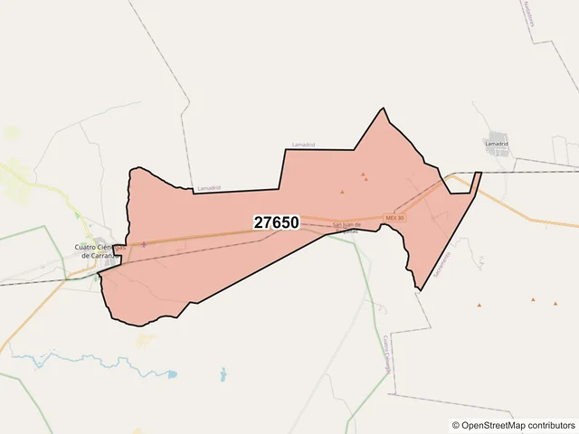 Mapa del código postal 27650, Cuatro Ciénegas, Coahuila de Zaragoza