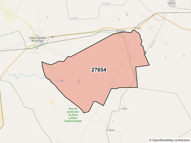 Mapa del código postal 27654, Cuatro Ciénegas, Coahuila de Zaragoza