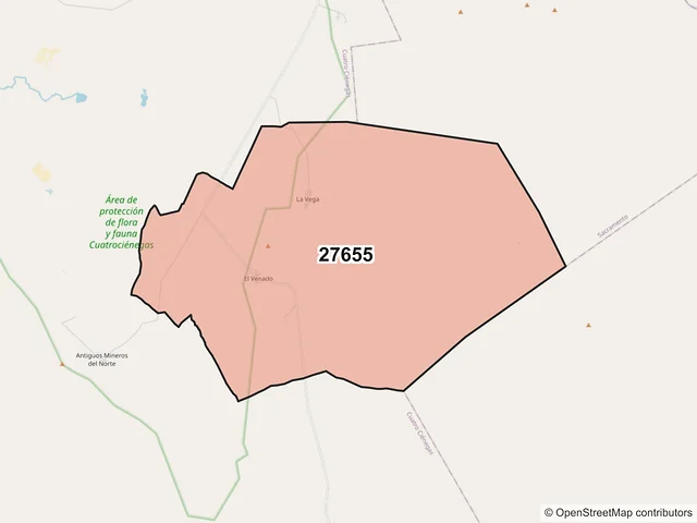 Mapa del código postal 27655, Cuatro Ciénegas, Coahuila de Zaragoza