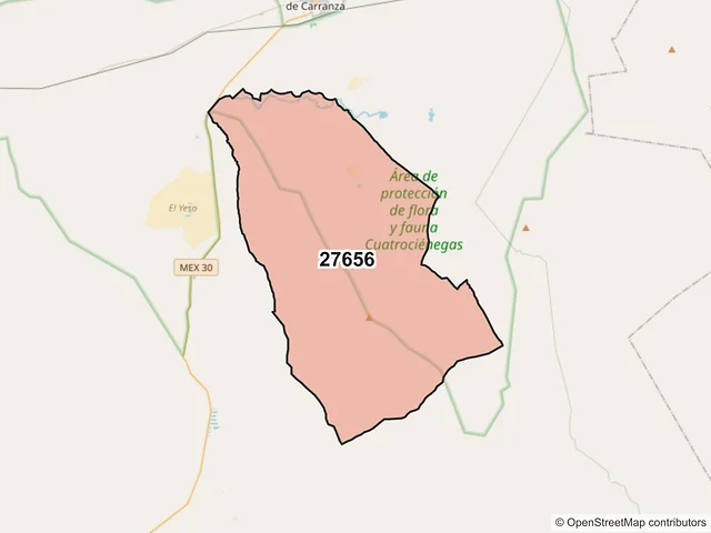 Mapa del código postal 27656, Cuatro Ciénegas, Coahuila de Zaragoza