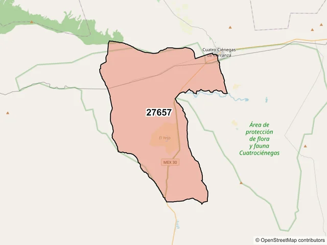 Mapa del código postal 27657, Cuatro Ciénegas, Coahuila de Zaragoza