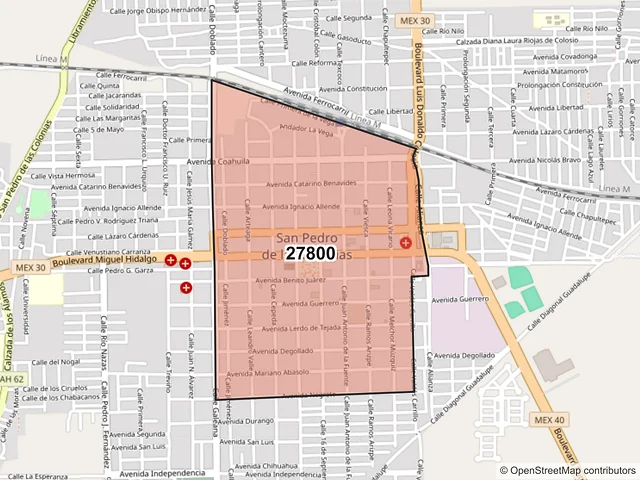 Mapa del código postal 27800, San Pedro, Coahuila de Zaragoza