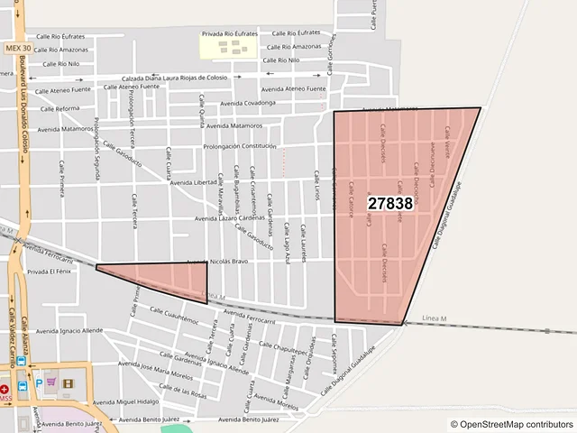 Mapa del código postal 27838, San Pedro, Coahuila de Zaragoza