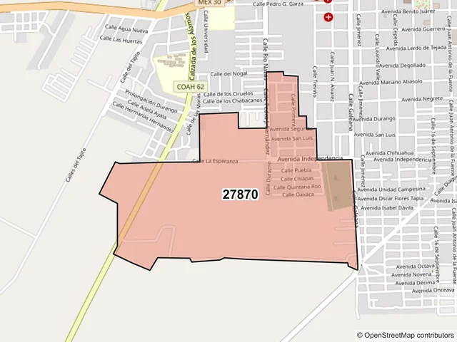 Mapa del código postal 27870, San Pedro, Coahuila de Zaragoza