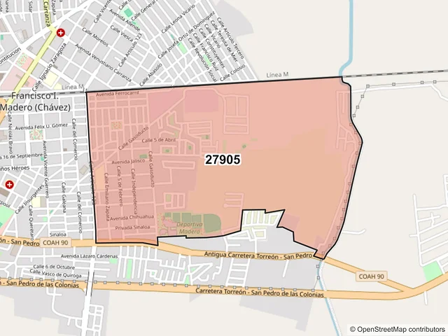 Mapa del código postal 27905, Francisco I. Madero, Coahuila de Zaragoza