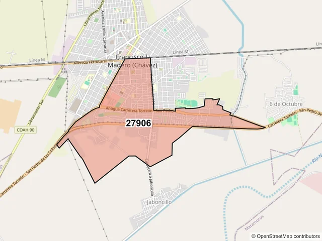 Mapa del código postal 27906, Francisco I. Madero, Coahuila de Zaragoza