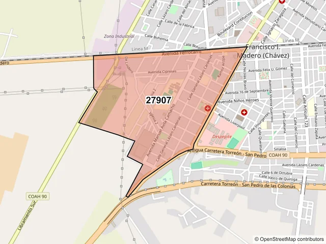 Mapa del código postal 27907, Francisco I. Madero, Coahuila de Zaragoza