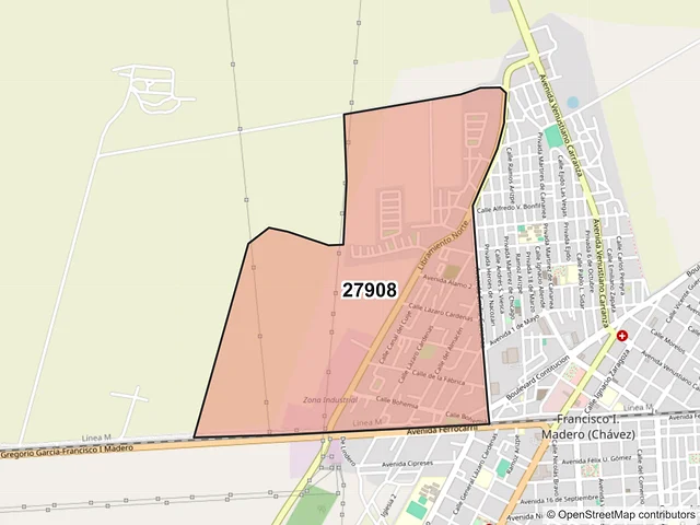 Mapa del código postal 27908, Francisco I. Madero, Coahuila de Zaragoza