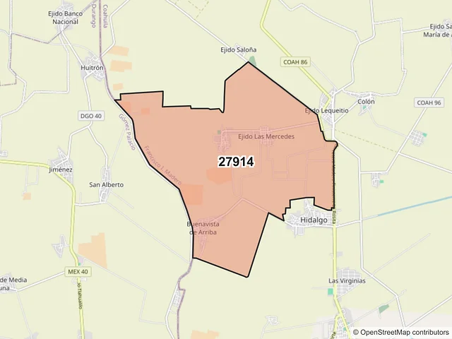 Mapa del código postal 27914, Francisco I. Madero, Coahuila de Zaragoza