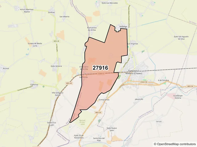 Mapa del código postal 27916, Francisco I. Madero, Coahuila de Zaragoza
