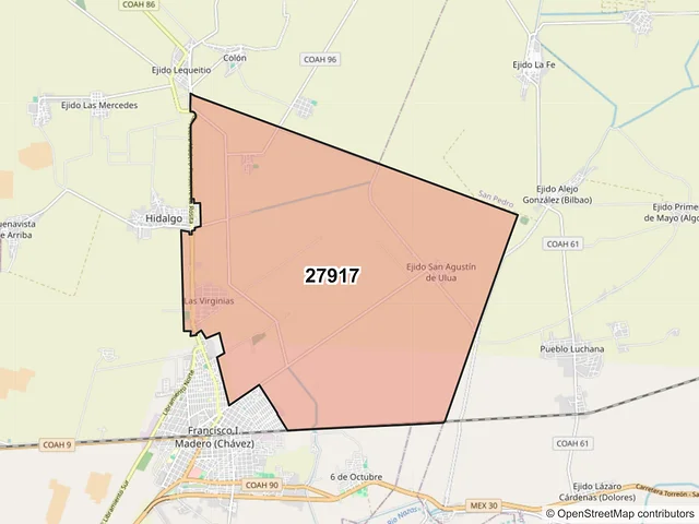 Mapa del código postal 27917, Francisco I. Madero, Coahuila de Zaragoza