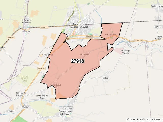 Mapa del código postal 27918, Francisco I. Madero, Coahuila de Zaragoza