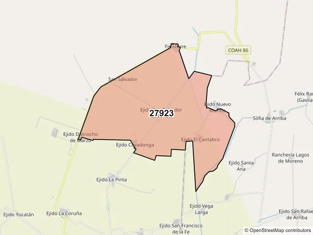 Mapa del código postal 27923, Francisco I. Madero, Coahuila de Zaragoza