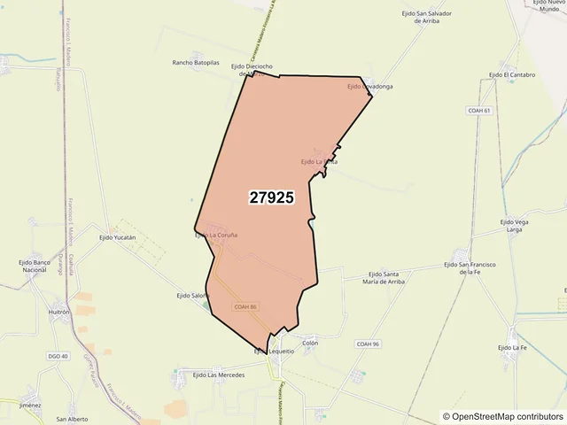 Mapa del código postal 27925, Francisco I. Madero, Coahuila de Zaragoza