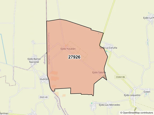 Mapa del código postal 27926, Francisco I. Madero, Coahuila de Zaragoza