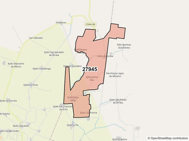 Mapa del código postal 27945, San Pedro, Coahuila de Zaragoza