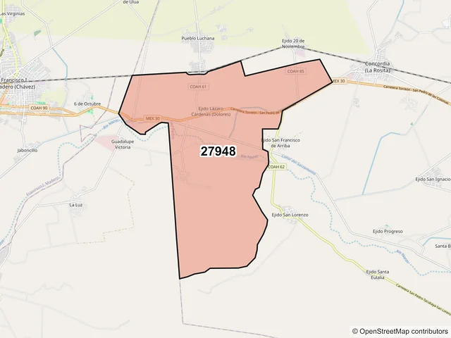 Mapa del código postal 27948, San Pedro, Coahuila de Zaragoza