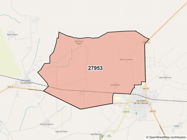 Mapa del código postal 27953, San Pedro, Coahuila de Zaragoza