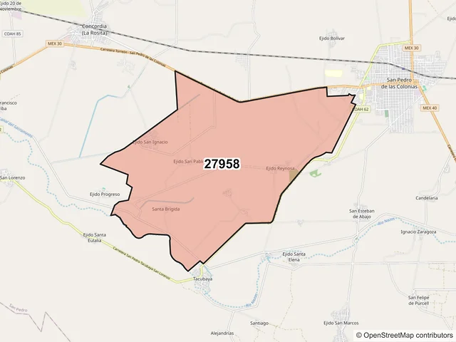 Mapa del código postal 27958, San Pedro, Coahuila de Zaragoza