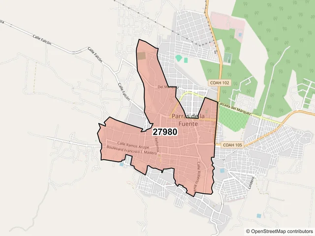 Mapa del código postal 27980, Parras, Coahuila de Zaragoza