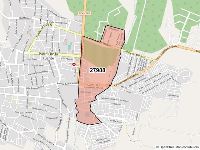 Mapa del código postal 27988, Parras, Coahuila de Zaragoza