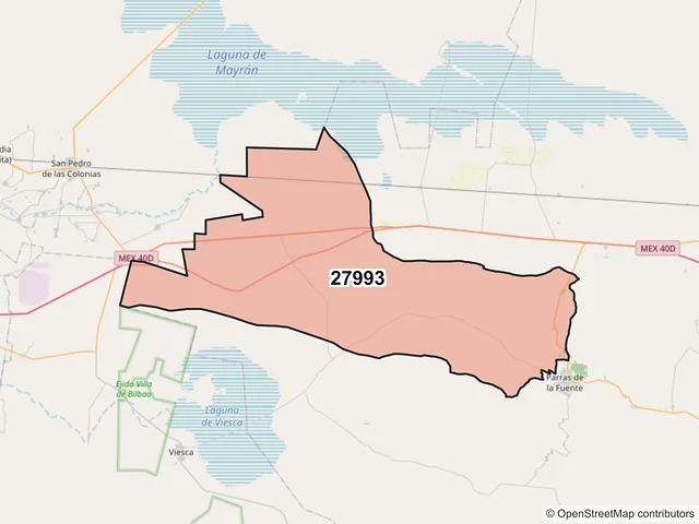 Mapa del código postal 27993, Parras, Coahuila de Zaragoza