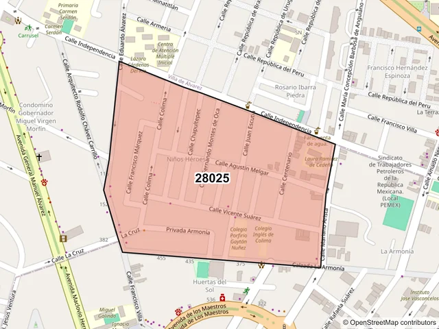 Mapa del código postal 28025, Colima, Colima