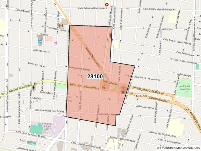 Mapa del código postal 28100, Tecomán, Colima