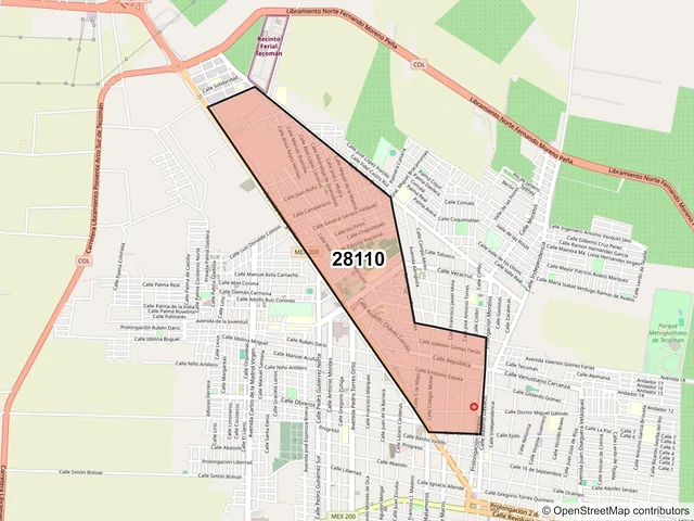 Mapa del código postal 28110, Tecomán, Colima