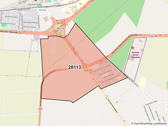 Mapa del código postal 28113, Tecomán, Colima