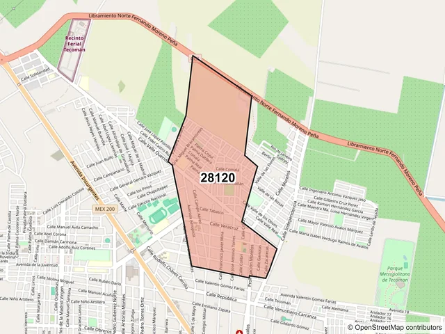 Mapa del código postal 28120, Tecomán, Colima