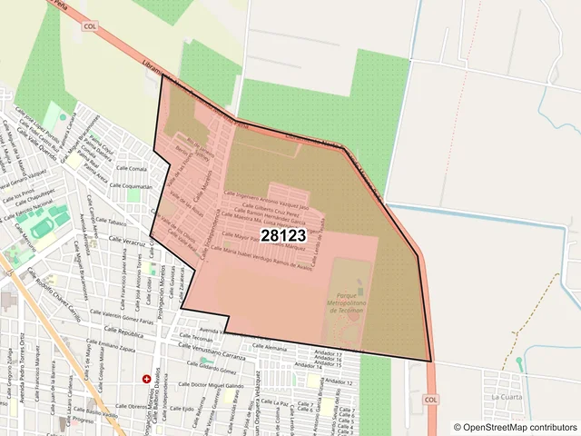 Mapa del código postal 28123, Tecomán, Colima