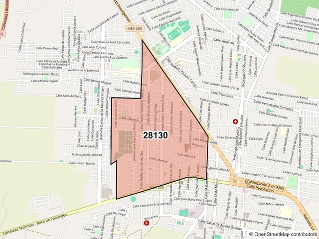Mapa del código postal 28130, Tecomán, Colima