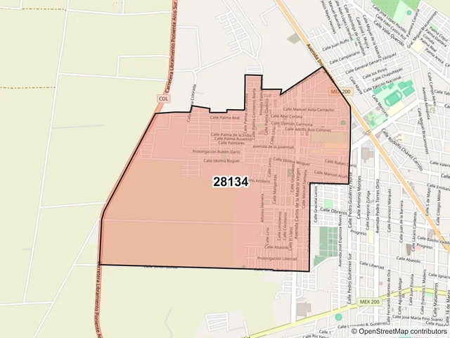 Mapa del código postal 28134, Tecomán, Colima