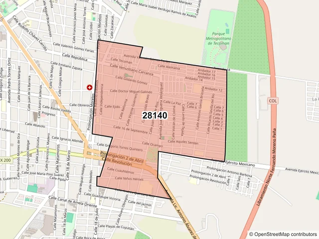 Mapa del código postal 28140, Tecomán, Colima
